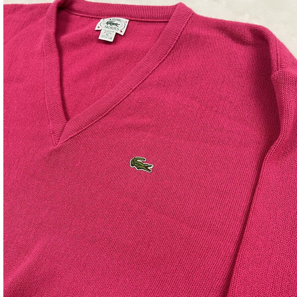 Izod Lacoste V-Neck Sweater Mens XL Pink Orlon Acrylic Vintage Logo Pullover